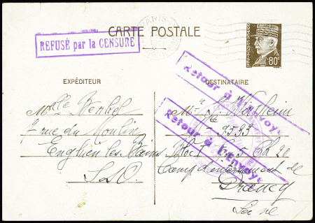 Entier carte postale 80c Pétain obl Paris IX (9.11.41) pour un israélite interné à Drancy avec cachet violet du camp et griffes encadrées violettes