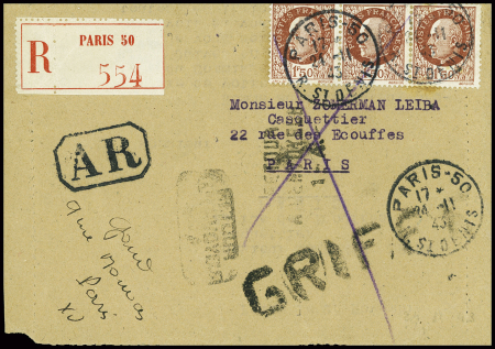 N°517 en bande de 3 obl Paris 50 (24.11.43) sur lettre recommandée pour un israélite avec au verso griffe encadrée "parti sans laisser d'adresse" et mention manuscrite