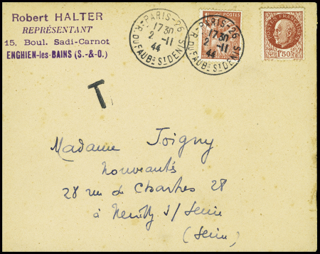 N°517, non obl, sur lettre avec n°652 obl Paris 26 (2.11.44) sur lettre (2ème jour de démonétisation des timbres Pétain). TB