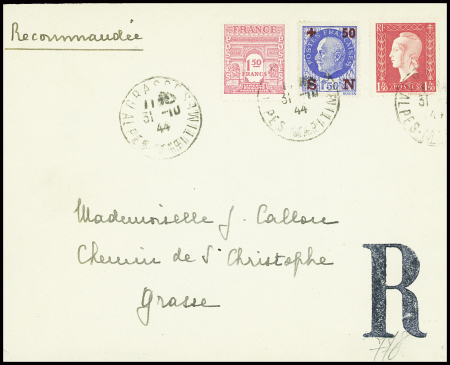 N°552 + 626 + 691, Pétain - Arc de Triomphe - Dulac obl Grasse Alpes Maritimes (31.10.44) sur lettre recommandée (dernier jour de validité du type Pétain)