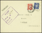 N°514 + 521 obl Saumur Maine et Loire (31.10.44 - dernier jour de validité du type Pétain) sur lettre avec belle griffe de recommandation provisoire). TB