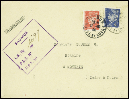 N°514 + 521 obl Saumur Maine et Loire (31.10.44 - dernier jour de validité du type Pétain) sur lettre avec belle griffe de recommandation provisoire). TB