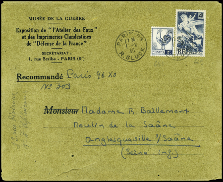 N°640 + 669 obl Paris 96 (1.2.45) sur lettre à en-tête "Musée de la guerre - exposition de l'atelier des faux et des imprimeries clandestines de Défense de la France