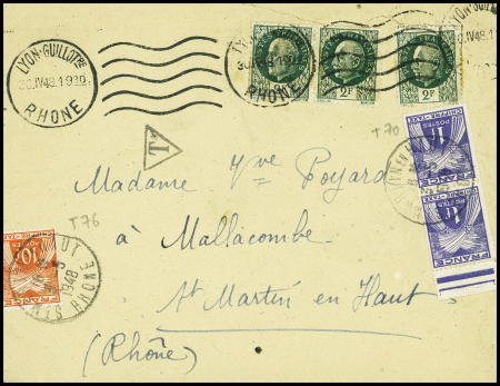 N°518, bande de 3 obl Lyon (1948) sur lettre avec timbres-taxe n°70 en paire + 76 obl St Martin en Haut Rhone (1948) sur lettre (démonétisation du type Pétain). TB