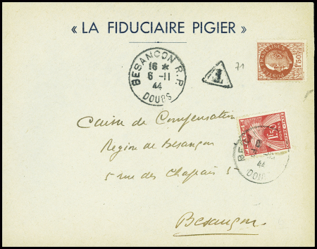 N°517, non obl, sur lettre avec timbres-taxe n°71 obl Besançon (8.11.44) (démonétisation du type Pétain). TB