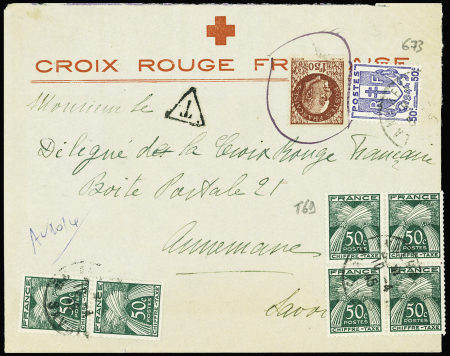 N°517, non obl (démonétisation) + n°673 sur lettre avec timbres-taxe n°69 en bloc de 4 + paire obl 10.4.45. TB
