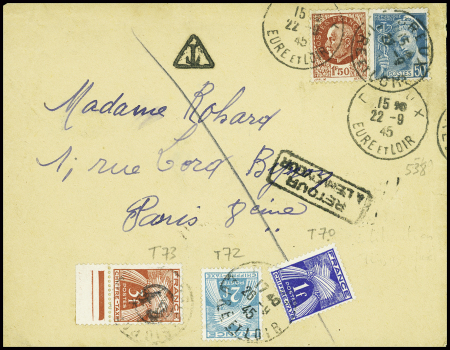 N°517 + 538 obl Dreux Eure et Loir (22.9.45) sur lettre avec timbres-taxe n°770 + 72 + 73 (démonétisation du type Pétain). TB