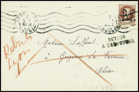 N°517 avec surcharge manuscrite "RF" obl Lyon-gare (3 nov 44) sur lettre avec griffe "retour à l'envoyeur" + mentions au crayon rouge "Rebuts Lyon" et au verso "Timbre effigie Pétain inadmis"