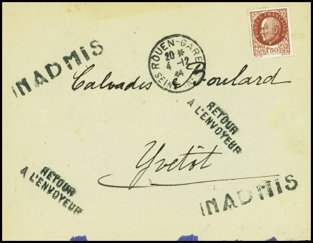 N°517 non obl sur lettre avec CAD "Rouen-gare Seine-INFre" (4.12.44) + griffes noires "Inadmis" et "Retour à l'envoyeur". TB