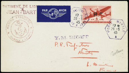 USA PPA n°26 avec surcharge type 2 de Casablanca obl CAD hex "Batiment de ligne Jean Bart" (29.3.45) et CAD hex "Poste navale" qui se trouvait à bord sur lettre par avion pour Nantes