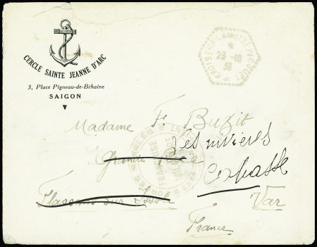 Lettre en franchise à en-tête "Cercle Sainte Jeanne d'Arc 3 place Pigneau de Béhaine Saïgon" avec CAD hex "Croiseur école Jeanne d'Arc" (23.10.39). TB