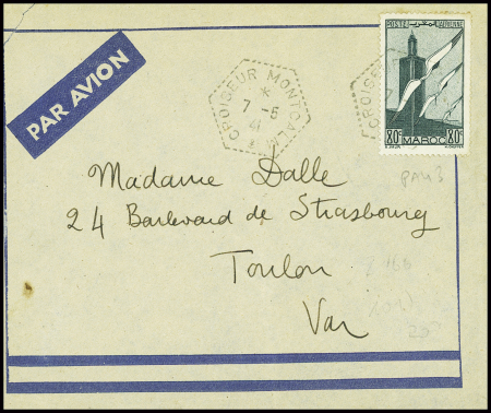 Maroc PA n°48 obl hex "Croiseur Montcalm" (1941) répété à côté sur lettre par avion