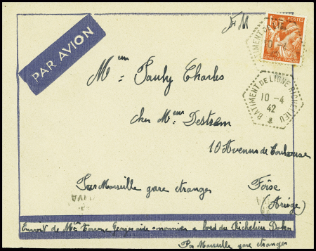 N°435 obl hex "Batiment de ligne Richelieu" (10.4.42 - Dakar) répété à côté sur lettre par avion. TB