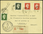 N°690 + 693, 2 pièces + 694, Dulac obl hex "Croiseur auxiliaire X43" (19.1.46) sur lettre recommandée avec cachet noir avec ancre "Service de l'inscription maritime en Tunisie". RR