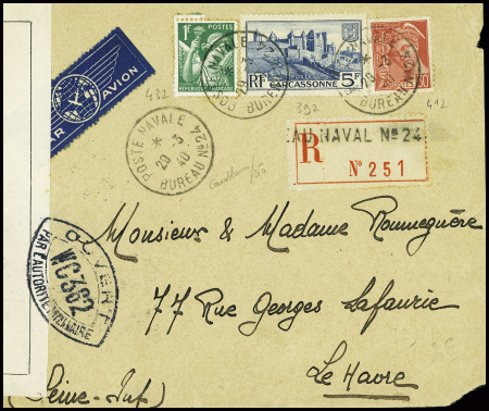 N°412 + 432 + 392 obl CAD "Poste navale bureau n°24" (1940 - Casablanca) sur lettre recommandée avion avec censure WC 362. TB
