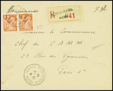 N°655 en paire obl CAD "Poste navale bureau n°56" (1946 - Casablanca) sur lettre recommandée. TB