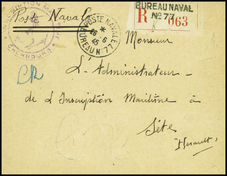 Lettre recommandée en franchise avec CAD "Poste navale bureau n°77" (1945 - Cherbourg). Rare et TB
