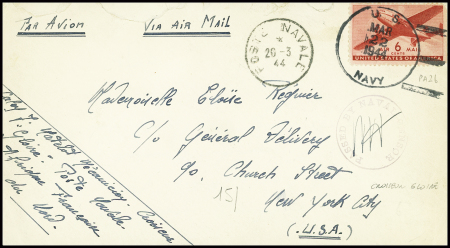 USA PA n°26 obl grand CAD "US Navy" (22.3.1944) sur lettre provenance croiseur Gloire avec CAD "Poste navale" (20.3.44). TB