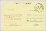 Carte postale avec CAD "Poste navale" (20.1.45) + cachet rect rouge "SLOM Toulon Liaison avec les familles Toulon" avec au verso messages manuscrits en provenance du croiseur Lamot