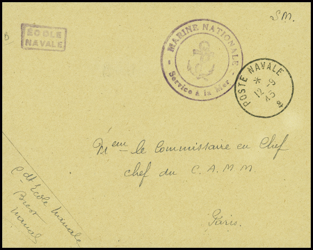 Lettre en franchise avec CAD "Poste navale" (1945) + cachet rect violet "Ecole navale" (Brest). TB