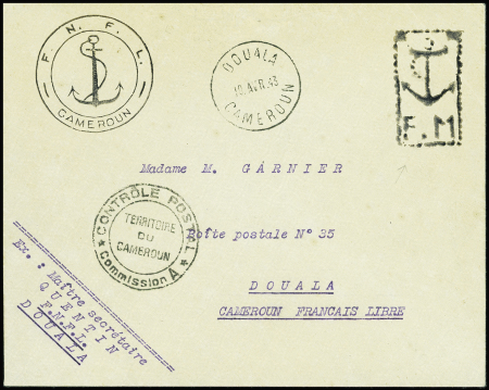 Lettre en franchise avec CAD horoplan "Douala Cameroun" (1943) + cachet noir avec ancre "FNFL Cameroun". Jolie pièce rare