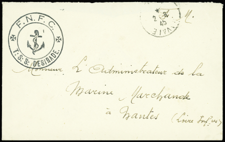 Lettre en franchise avec CAD "poste navale" (1945) + cachet noir avec ancre "FNFC TSS Desirade" (forces navales françaises combattantes) RR et TB