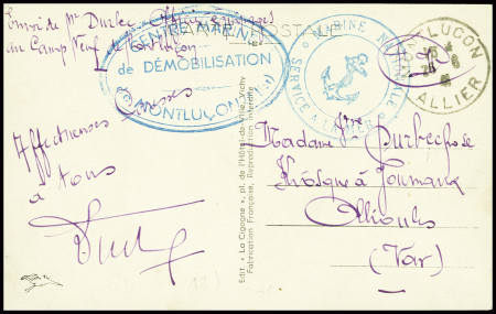 Carte postale en franchise de Montluçon Allier (1941) avec cachet ovale bleu "Centre marine de démobilisation de Montluçon (Allier)" et cachet bleu avec ancre