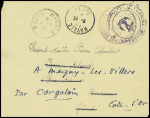 Lettre en franchise avec CAD "Poste navale" (1945) + cachet violet avec ancre "Marine Bordeaux le vaguemestre". TB