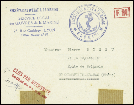 Carte-lettre en franchise avec griffe bleue "Secrétariat à la marine - service local des œuvres de la marine 25 rue Godefroy - Lyon" + cachet bleu avec ancre