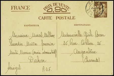 Entier CP 90c Iris interzones obl CAD "Dakar Sénégal" (1941). TB