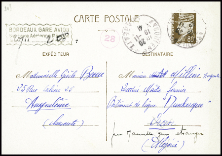 Entier CP 80c Pétain obl Angoulême (1941) pour un marin du cuirassé Dunkerque immobilisé à Mers El Kebir avec griffe encadrée "Bordeaux gare avion surtaxe aérienne perçue 2F". TB