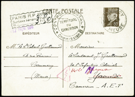 Entier CP 80c Pétain obl Commercy Meuse (1941) avec griffe encadrée "Paris RP avion surtaxe aérienne perçue 3F50" pour Yaounde avec censure du Cameroun, rare