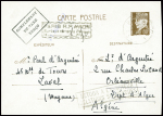 Entier CP 80c Pétain obl Paris RP (8 nov 42) avec marque rect "Complément de taxe perçu" et "Paris RP avion surtaxe aérienne perçue 1F50" pour Orléans ville Algérie avec griffe encadrée