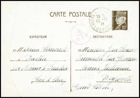 Entier CP 80c Pétain obl Nouan le Fuzelier Loir et Cher (1941) pour Beyrouth avec censure à Croix de Lorraine "CP". TB