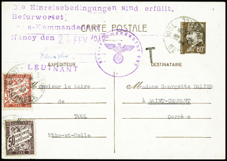 Entier CP 80c Pétain obl Toul (1942) avec timbres-taxe n°33 + 37 obl Saint Chamant Corrèze, avec certificat de la mairie de Toul concernant le retour d'une réfugiée et visa