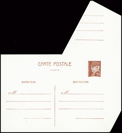 Entier CP 1F20 Pétain avec belle variété de coupe formant 2 volets. Neuve. TB