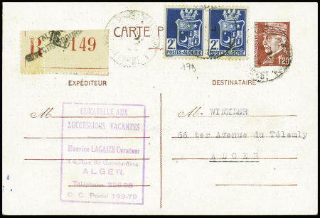 Entier CP 1F20 Pétain en mixte avec Algérie n°179 en paire obl Alger (1943) en recommandé. TB