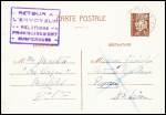 Entier CP 1F20 Pétain obl Morlaas Basses Pyrénées (18.10.44) pour Pesmes Hte Saone avec cachet rect violet "Retour à l'envoyeur relations provisoirement suspendues". TB