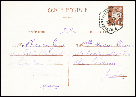 Entier CP 1F20 Pétain obl hex "Batiment de ligne Jean Bart" (22.6.42 - millésime à 2 chiffres - Casablanca), pièce rare avec jolie frappe