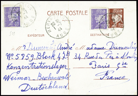Entier CP 1F20 Pétain avec n°509, 2 pièces en complément obl Mery-s-Seine (1.7.44) adressée par un résistant déporté à Buchenwald. RR et TB
