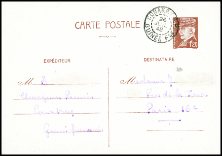 Entier CP 1F20 Pétain obl CAD "Conakry Guinée Fse" (1942). TB