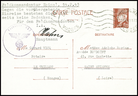 Entier CP 1F20 Pétain obl Epinal RP Vosges (1943) avec cachet violet avec aigle "Kreiskdtr 622" de la feldkommandantur d'Epinal avec au verso timbre fiscal 1F pour acte notarié. TB