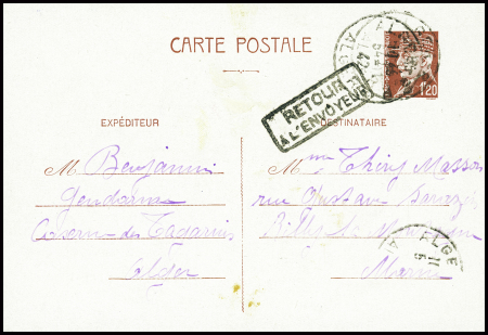 Entier CP 1F20 Pétain obl Alger (4.11.42) pour la France (Marne) avec griffe encadrée "Retour à l'envoyeur" (débarquement allié en AFN). TB