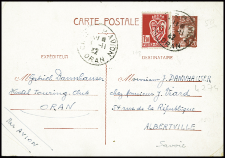 Entier CP 1F20 Pétain en mixte avec Algérie n°178 obl "Oran RP avion" (1.12.42) pour Albertville Savoie (juste avant le débarquement allié en AFN). Rare et TB