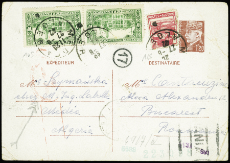 Entier CP 1F20 Pétain en mixte avec Algérie n°105 en paire + 165 obl Médéa (1942) pour Bucarest, destination RR. TB