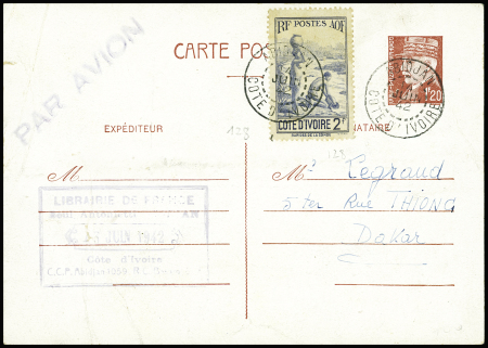 Entier CP 1F20 Pétain en mixte avec Côte d'Ivoire n°123 obl Abidjan (1942) pour Dakar. TB