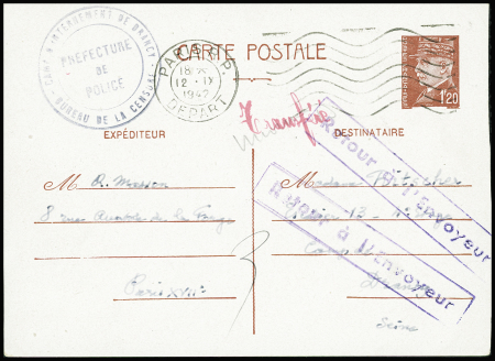 Entier CP 1F20 Pétain obl Paris RP départ (sept 1942) pour une internée israélite au camp de Drancy avec cachet bleu "Camp d'internement de Drancy - préfecture de police