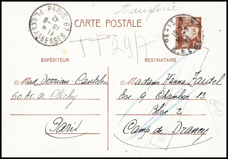 Entier CP 1F20 Pétain obl Paris XI (30.7.42) adressée à une internée au camp de Drancy avec griffe "retour à l'envoyeur" et mention manuscrite "transférée" (c’est-à-dire déportée)