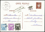 Entier CP 1F20 Pétain non obl, à côté CAD "Nimes RP Gard" (5.11.44) et timbres-taxe n°67 + 68 + 72 (démonétisation du type Pétain). TB