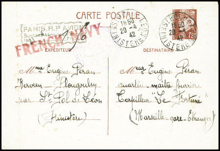 Entier CP 1F20 Pétain obl St Pol de Léon Finistère (1942) pour un marin du torpilleur Le Fortuné interné à Alexandrie avec griffe rouge "French navy". TB